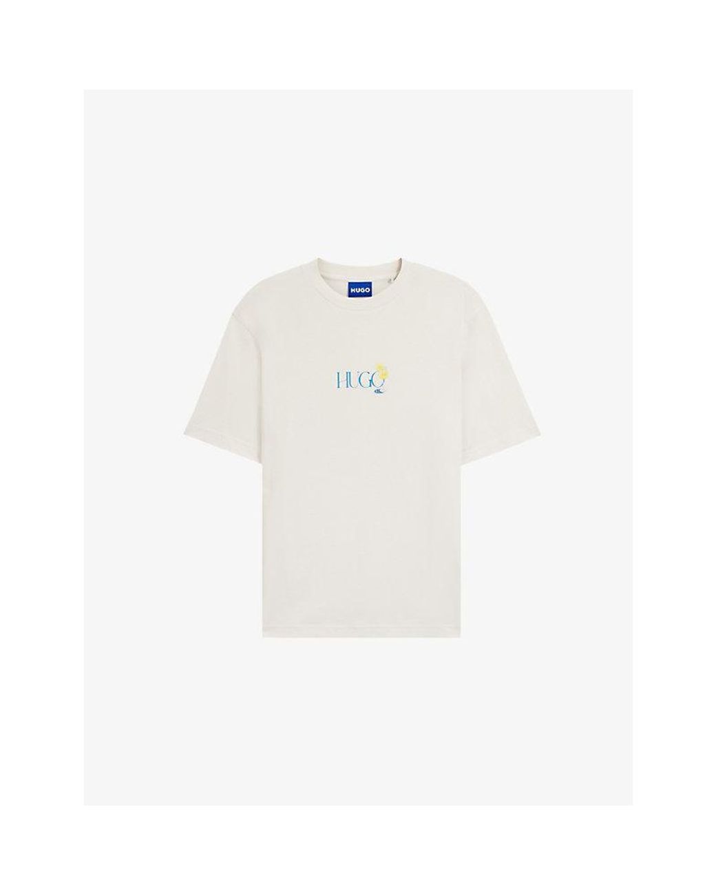 HUGO White Brand-Print Regular-Fit Cotton-Jersey T-Shirt for men