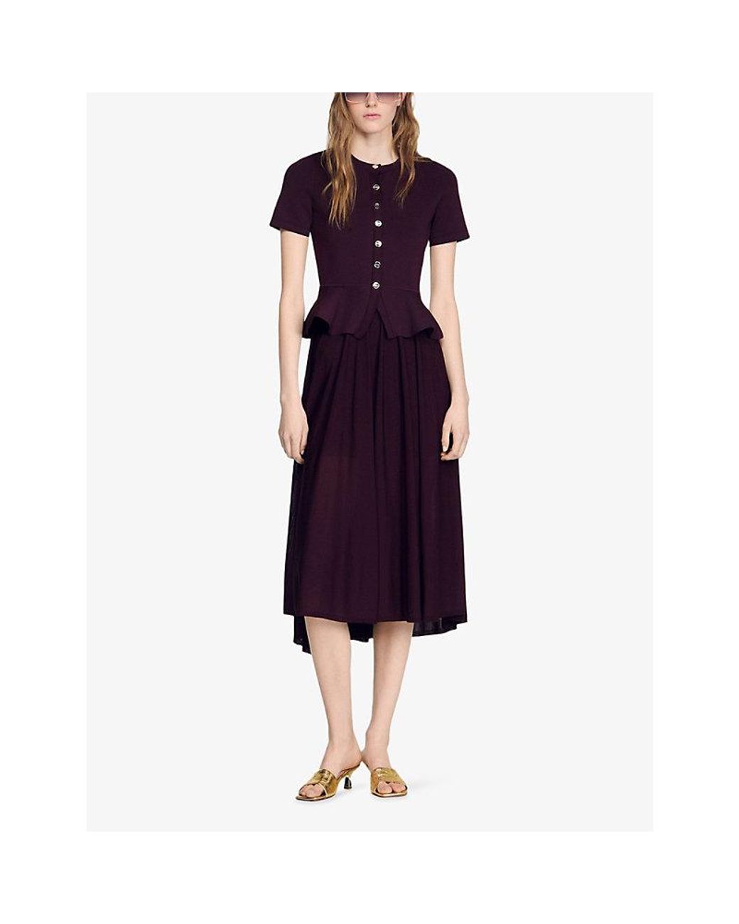 Sandro Purple Peplum Short-Sleeved Knitted Maxi Dress