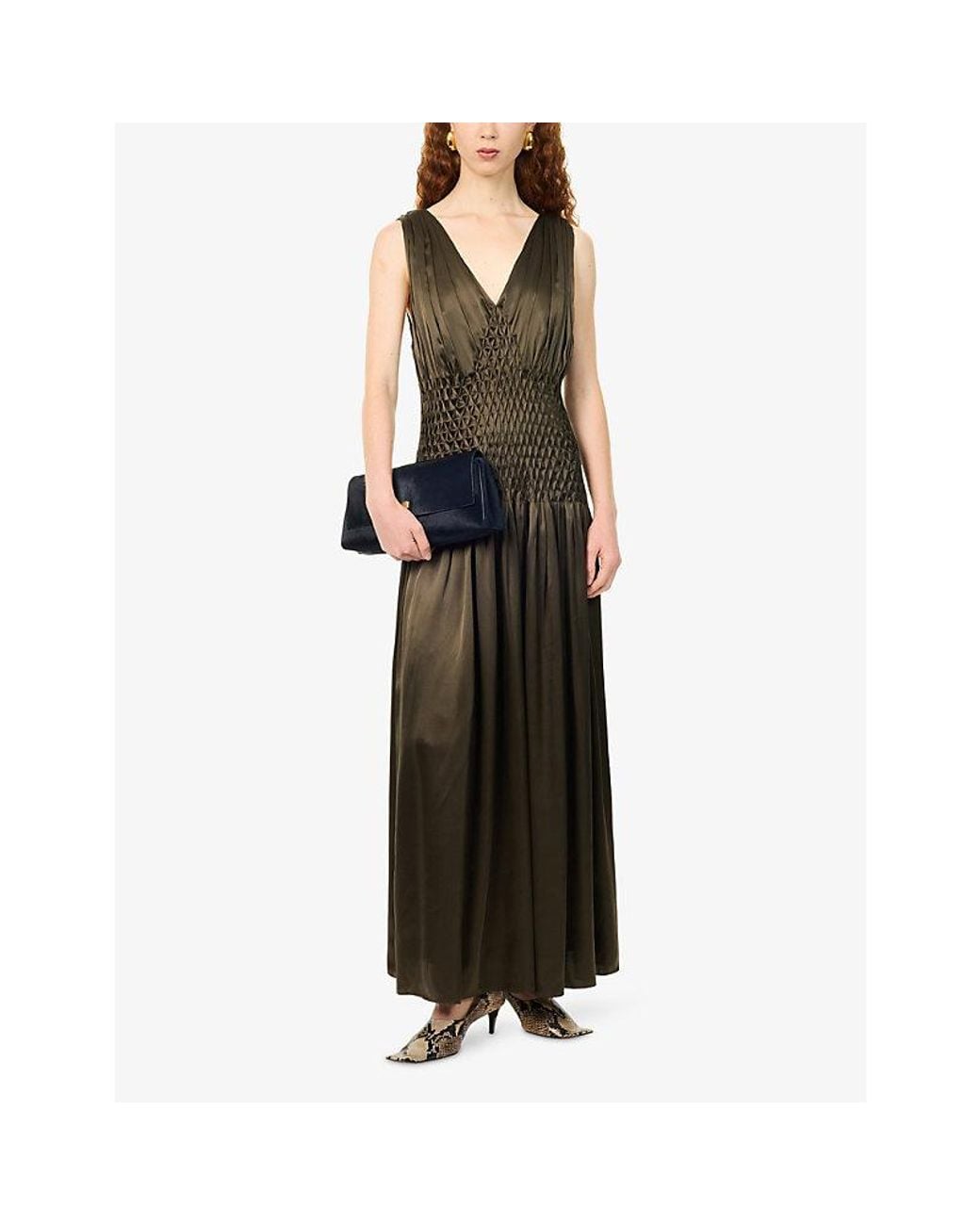Khaite Brown Nola Smocked-Waist Silk Maxi Dress