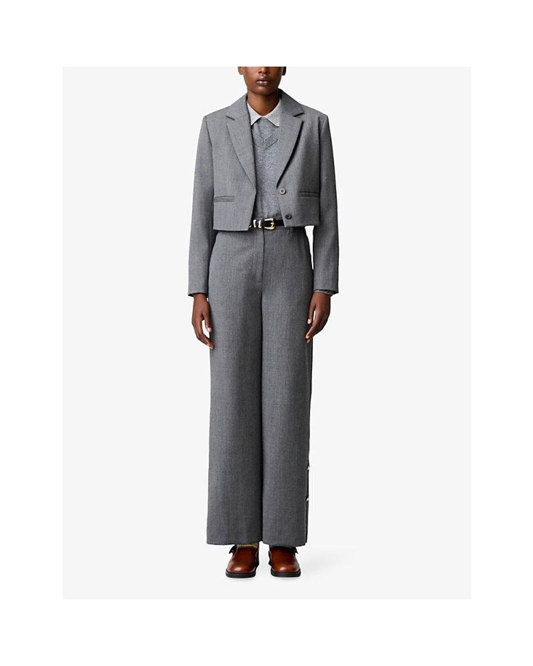 Claudie Pierlot Gray Wide-Leg Button-Hem Wool Trousers
