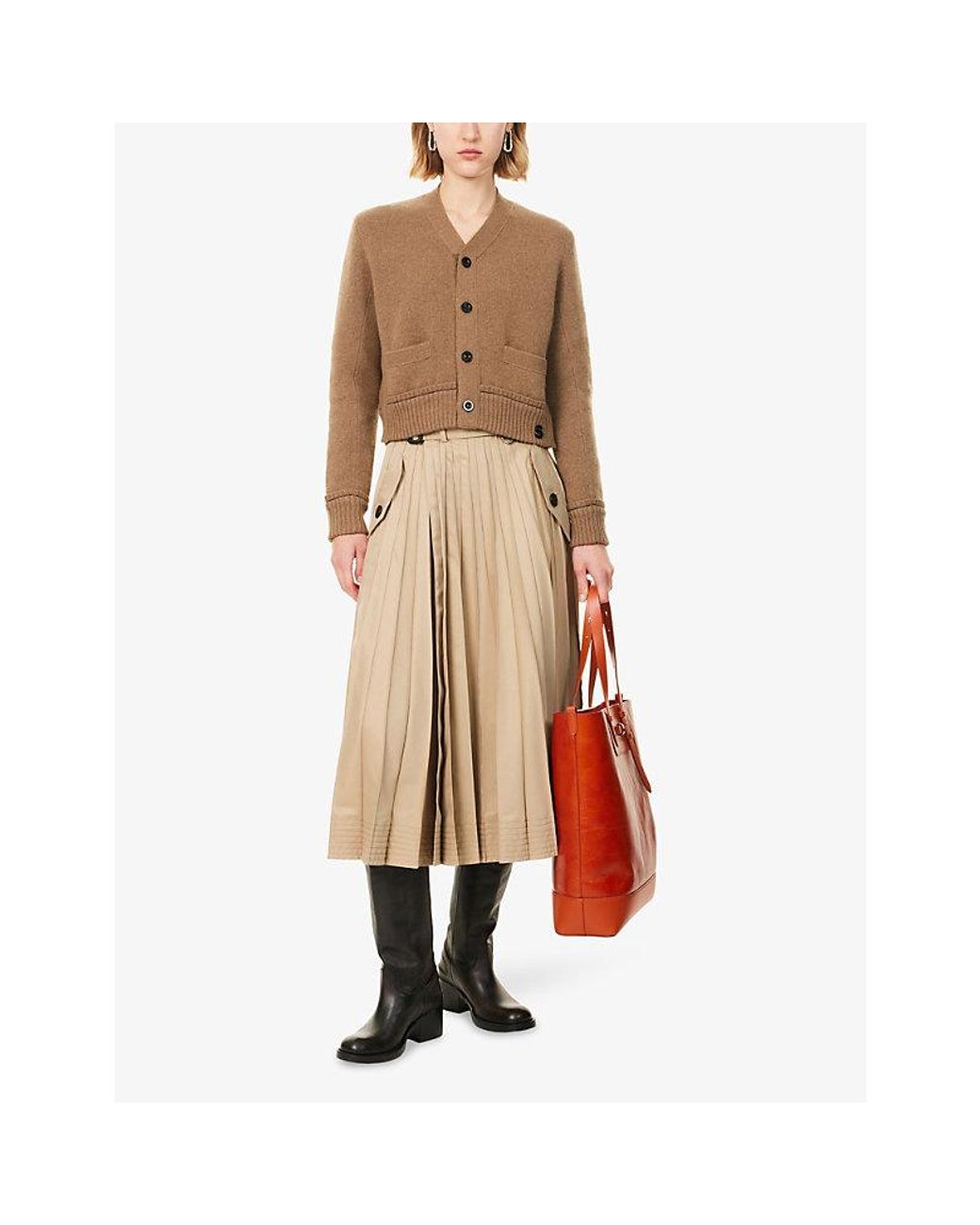Sacai Natural V-Neck Cropped Cotton And Cashmere-Blend Cardigan