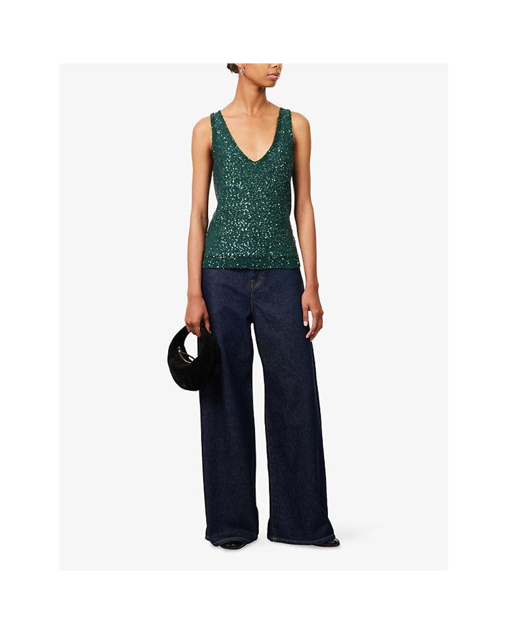 Weekend by Maxmara Green Sequinned V-Neck Knitted Tank Top