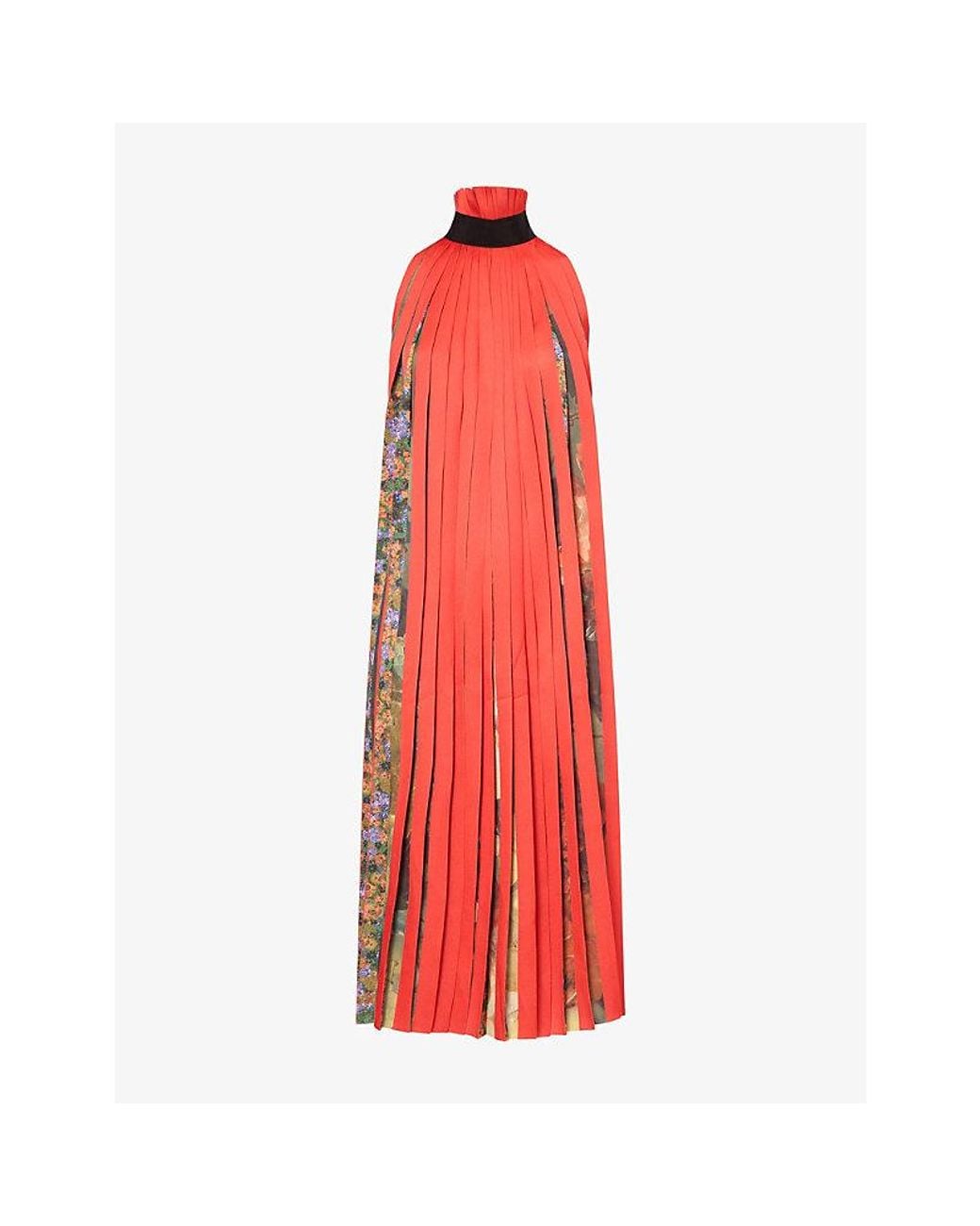 Dries Van Noten Red Dansa Halter Floral Pleat Woven Midi Dress