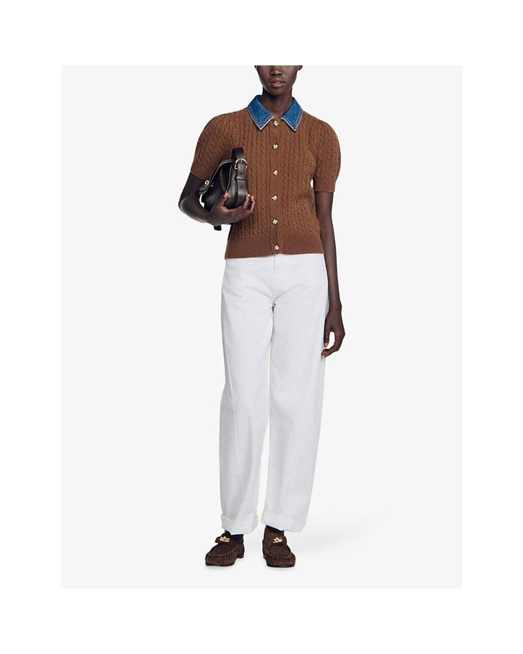 Sandro Brown Denim-Collar Short-Sleeve Wool And Cashmere-Blend Cardigan