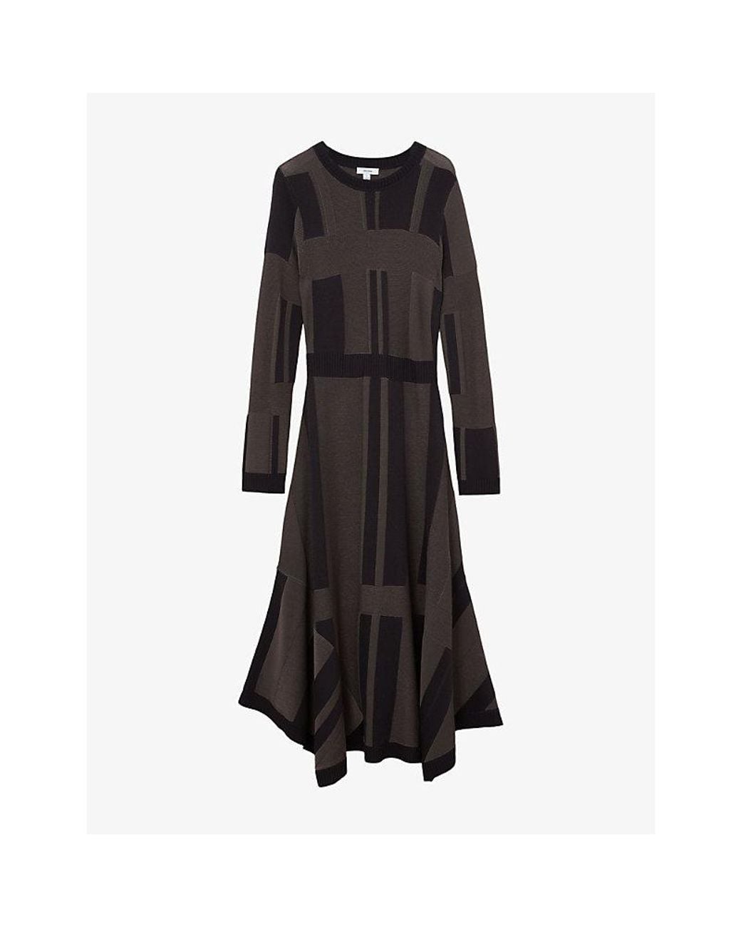 Reiss Black Geometric-Pattern Knitted Midi Dress