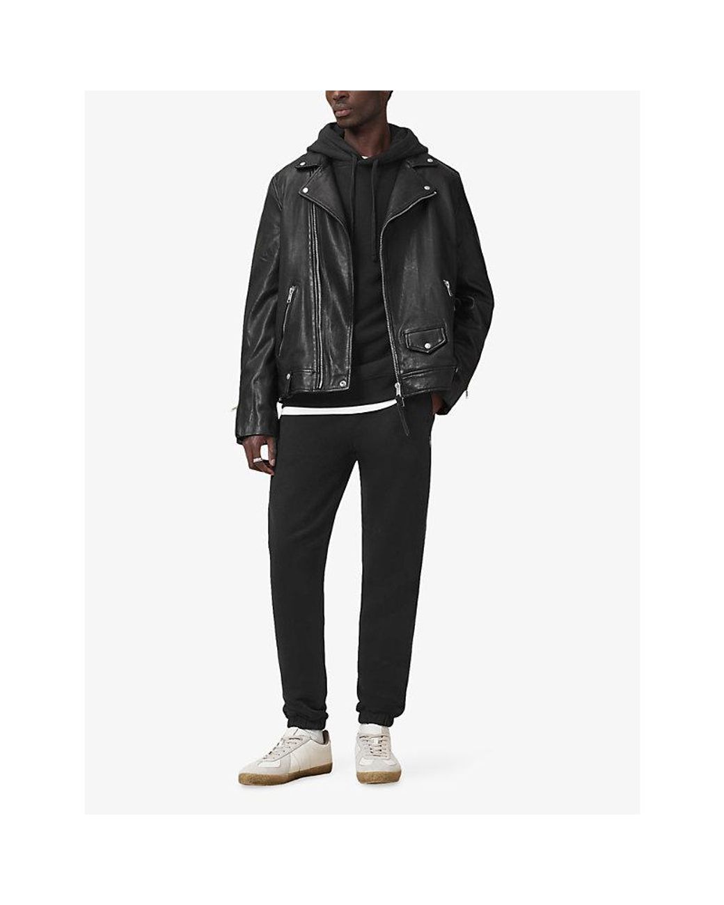 AllSaints Black Raven Logo-Embroidered Cuffed Cotton-Jersey Jogging Bottoms for men