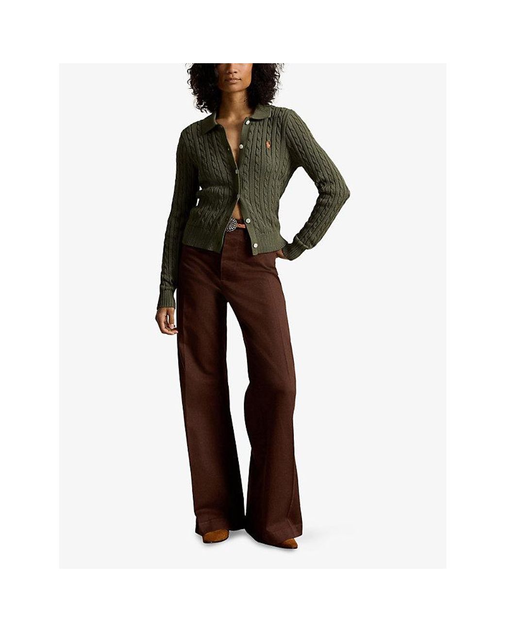 Polo Ralph Lauren Green Brand-Embroidered Cable-Knitted Cotton Cardigan