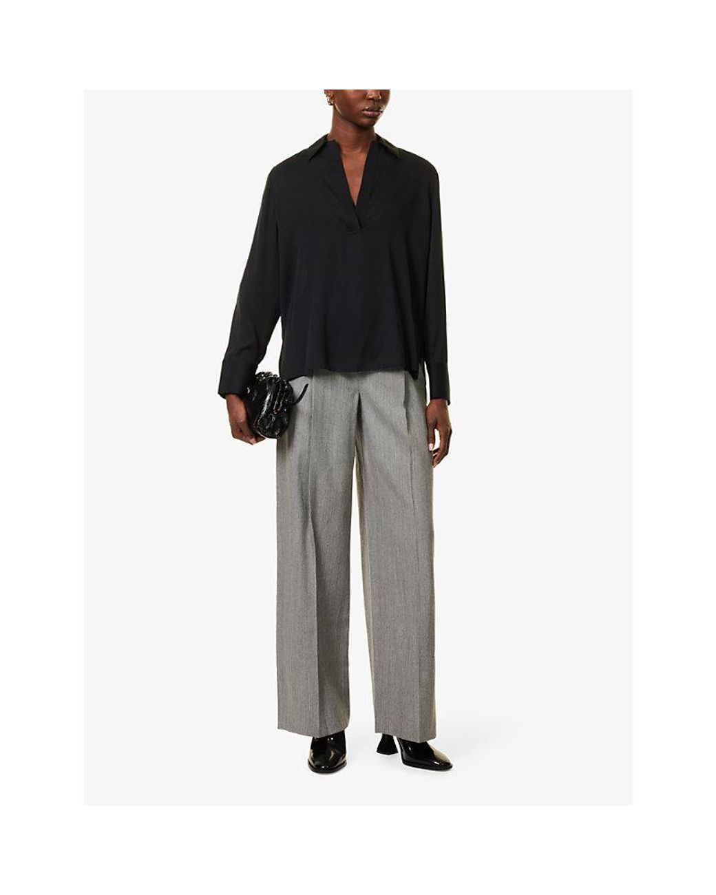 Vince Black Collar V-Neck Silk-Blend Shirt