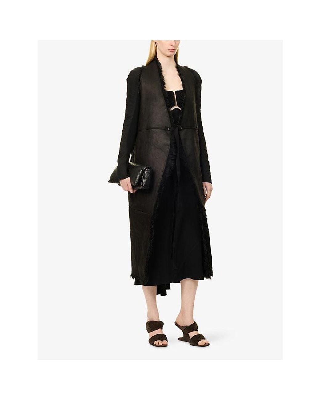 Rick Owens Black Cyclops Wrap-Over Shearling Coat