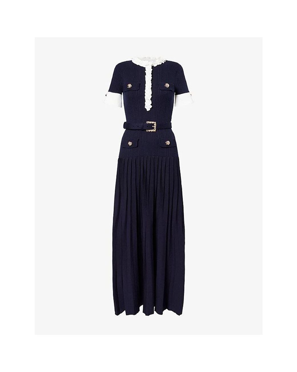 Self-Portrait Blue Floral-Trim Ribbed-Knit Midi Dress