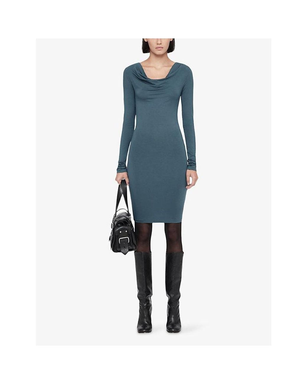 AllSaints Blue Lilla Cowl-Neck Stretch-Jersey Bodycon Mini Dress