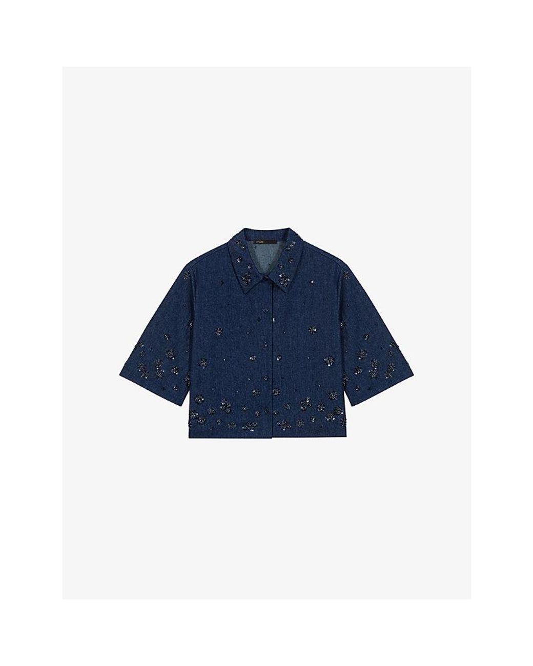 Maje Blue Bead-Embellished Cropped Denim Shirt