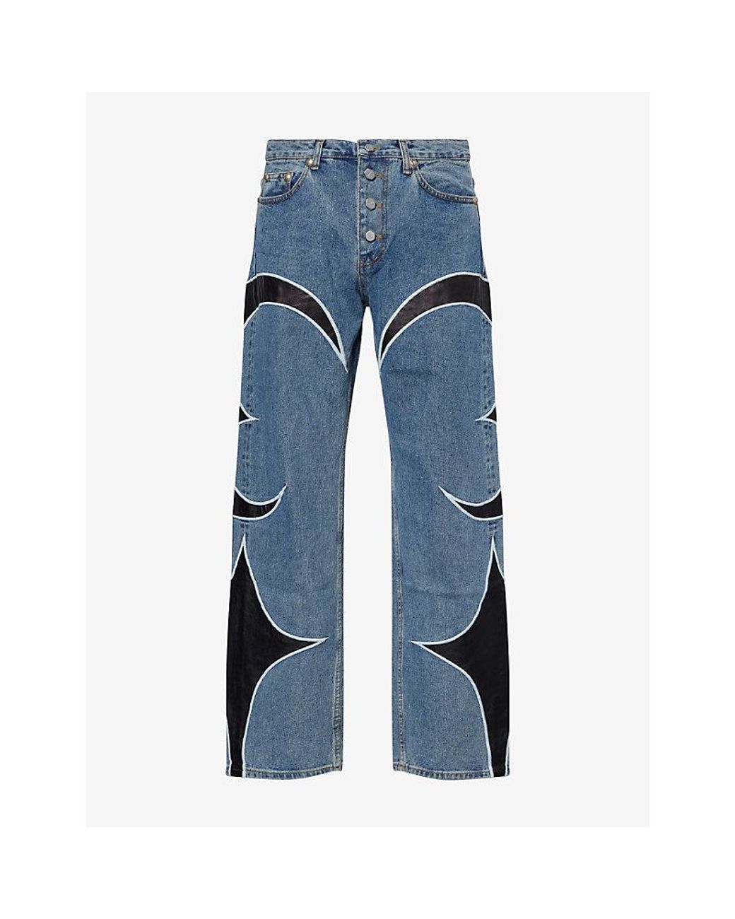 THUG CLUB Blue Leather-Panel Straight-Leg Denim Jeans for men