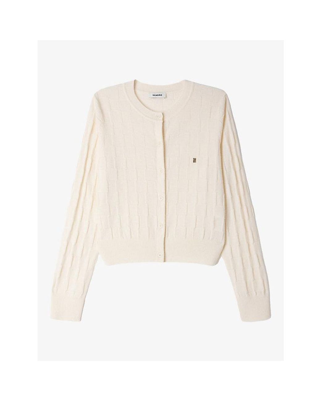Sandro Natural Cropped Check-Stitch Wool Cardigan