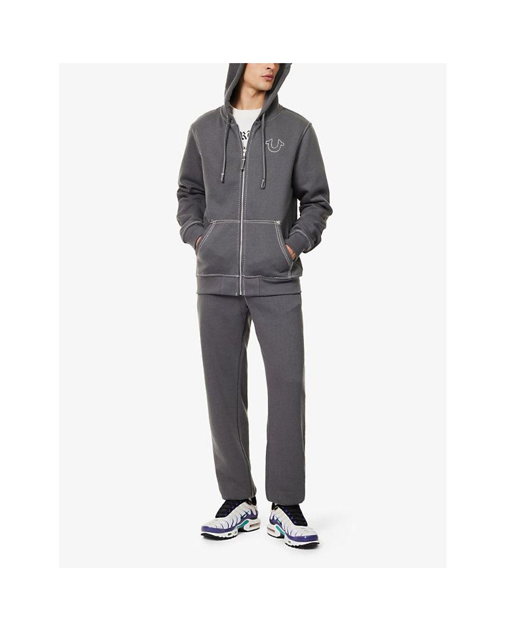 True Religion Gray Big-T Contrast-Stitching Relaxed-Fit Cotton-Blend Hoody for men