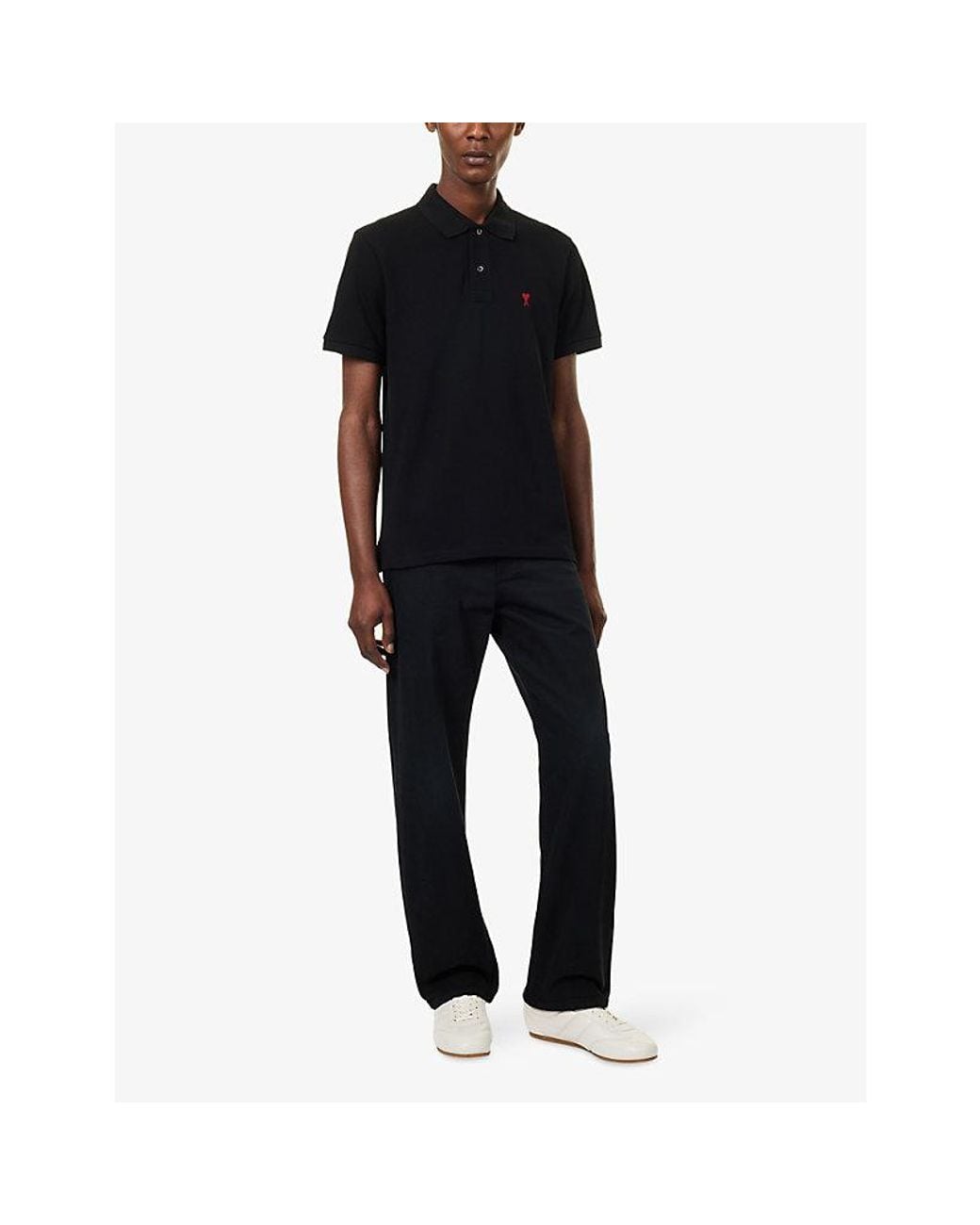 AMI Black Logo-Embroidered Cotton Polo T-Shirt for men