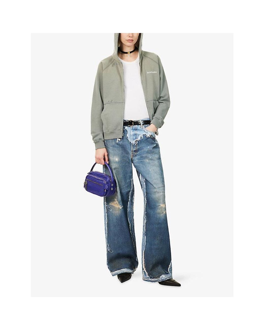 Acne Gray Mended Zip-Through Cotton-Jersey Hoody