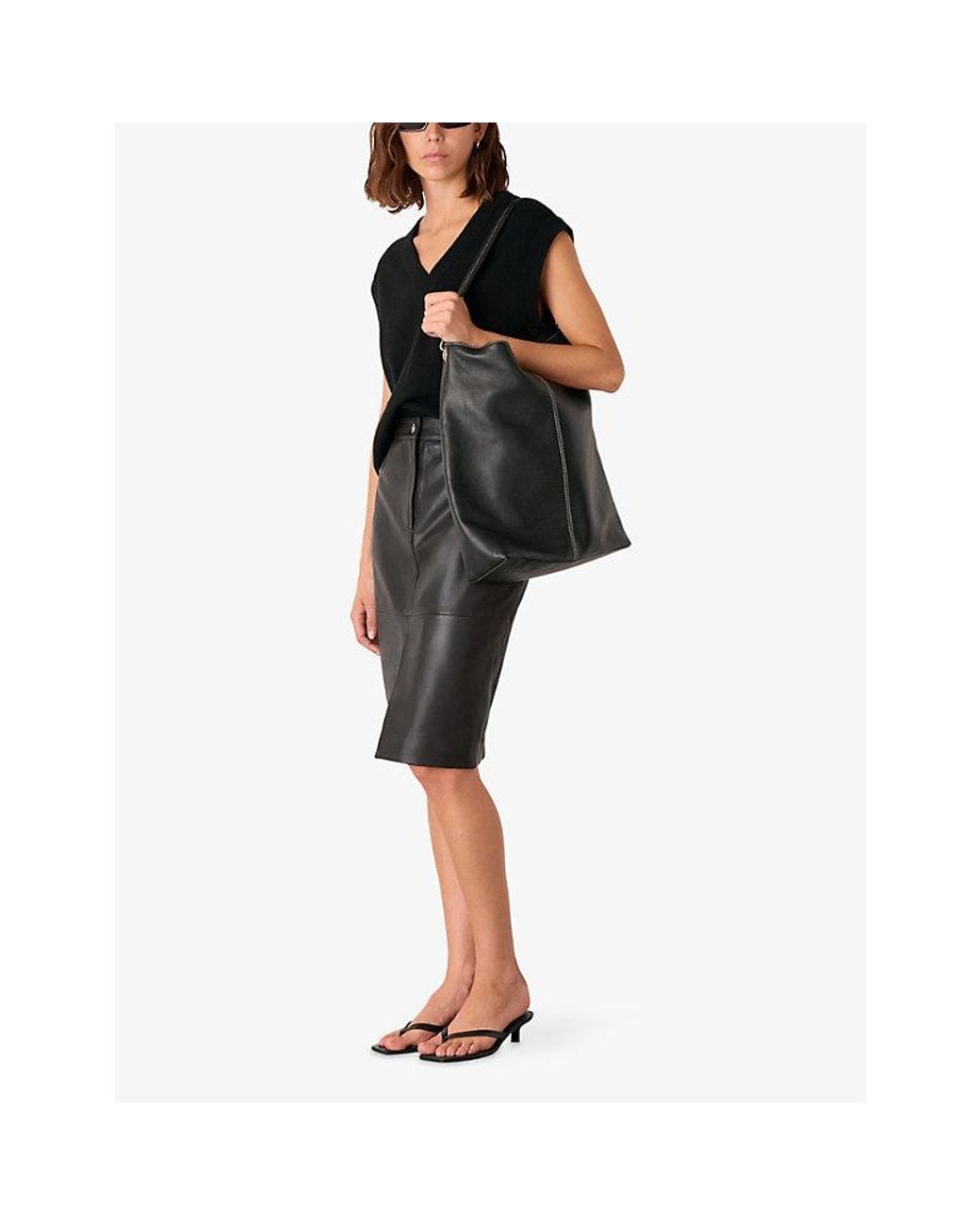 Whistles Gray Split-Hem Mid-Rise Leather Midi Skirt