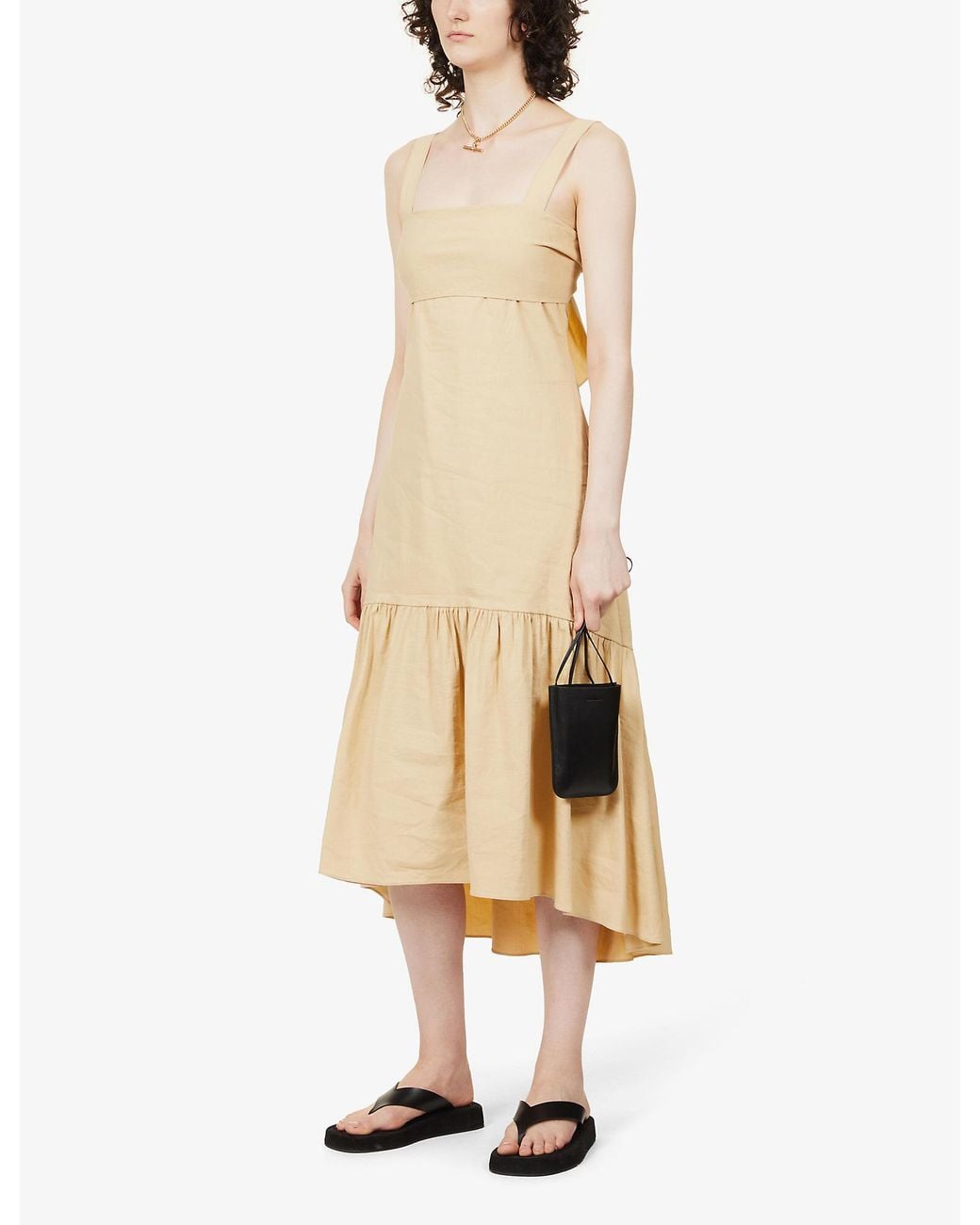 Theory Square-neck Tie-back Linen-blend Midi Dress in Natural | Lyst