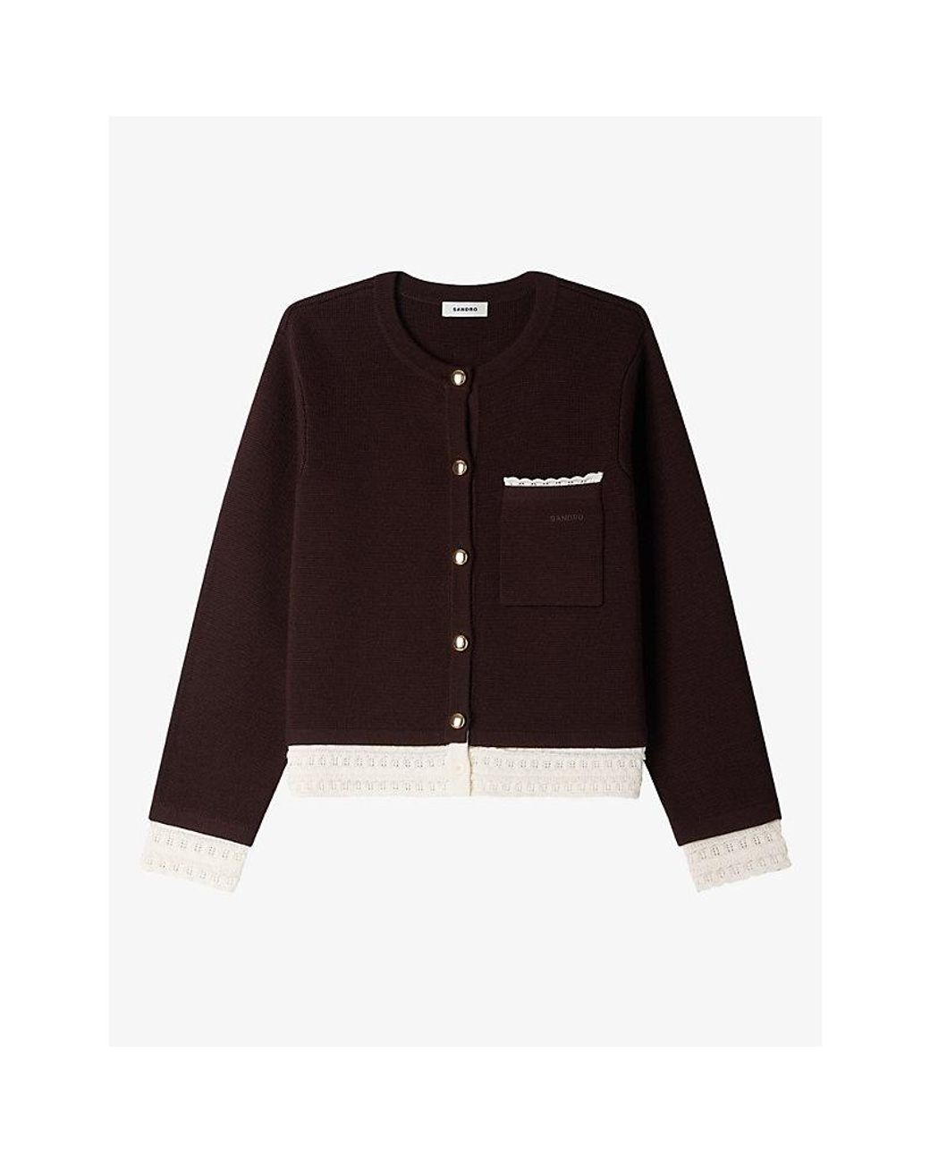 Sandro Purple Lace-Trim Wool-Blend Cardigan