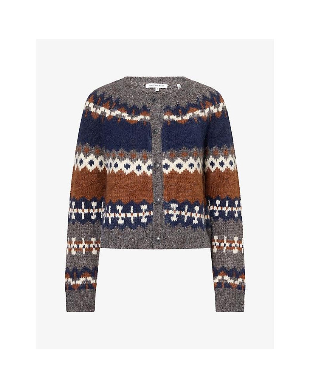 GOOD AMERICAN Blue The Classic Fair-Isle Woven Knit Cardigan