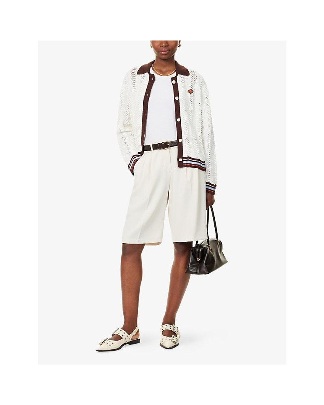 The Couture Club White Long-Sleeve Crochet Cotton-Knit Shirt
