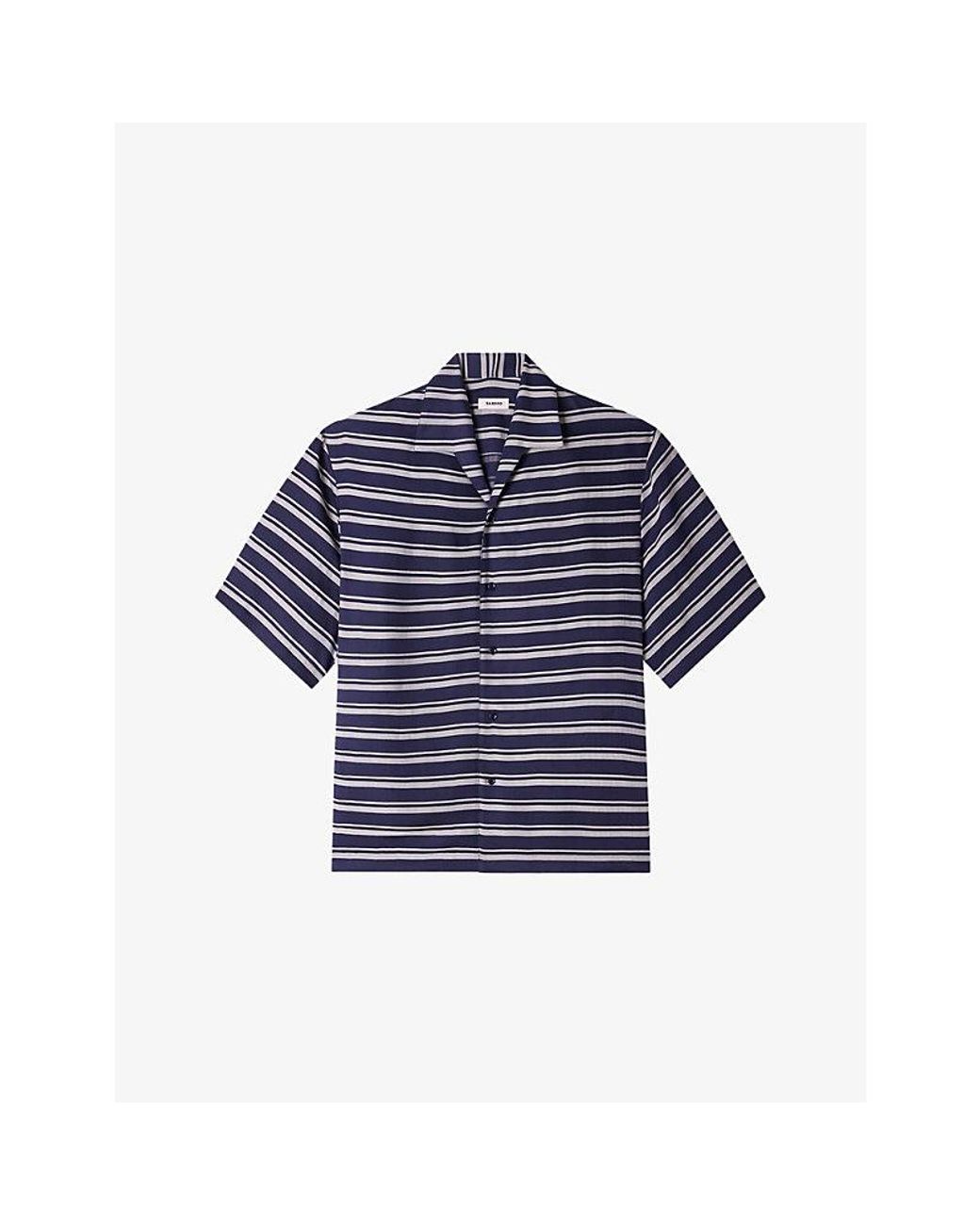 Sandro Blue Striped Boat-Neck Relaxed Woven Shirt for men