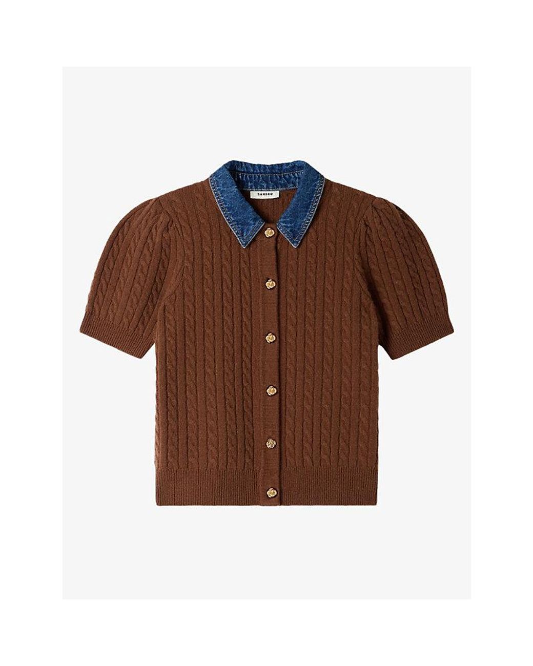 Sandro Brown Denim-Collar Short-Sleeve Wool And Cashmere-Blend Cardigan