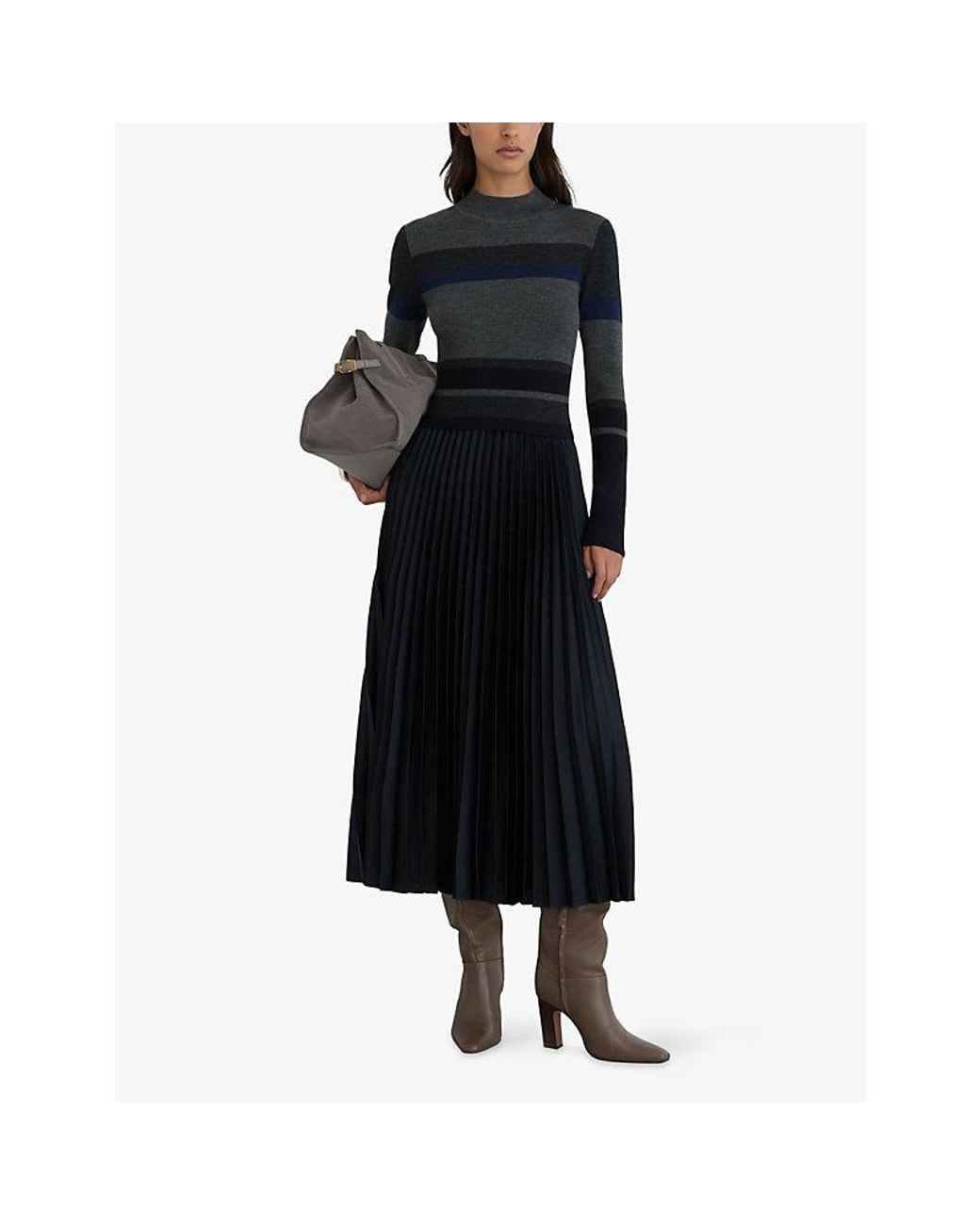 Reiss Black Carla Striped Pleated Wool-Blend Midi Dress