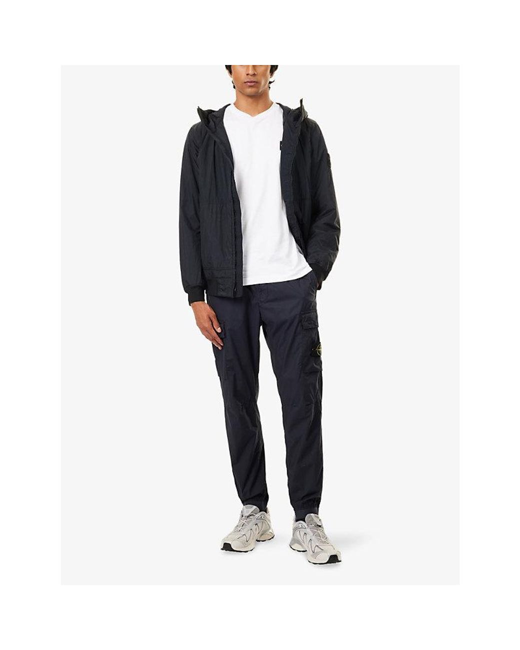 Stone Island Black Compass-Logo Crinkle Reps Hooded Woven Jacket for men