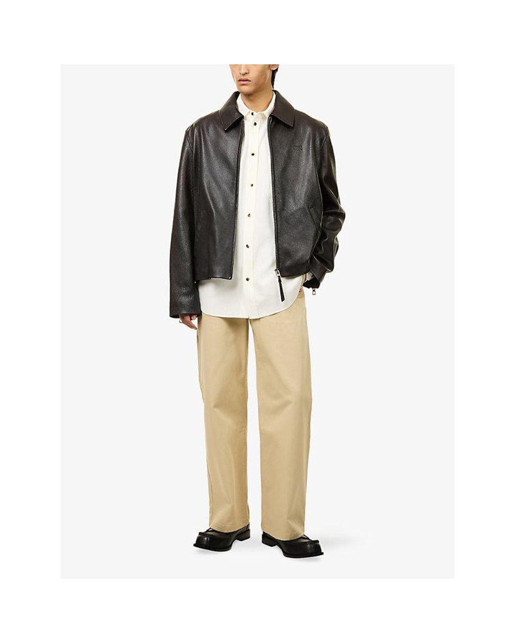 Loewe Black Debossed-Logo Classic-Collar Leather Jacket for men