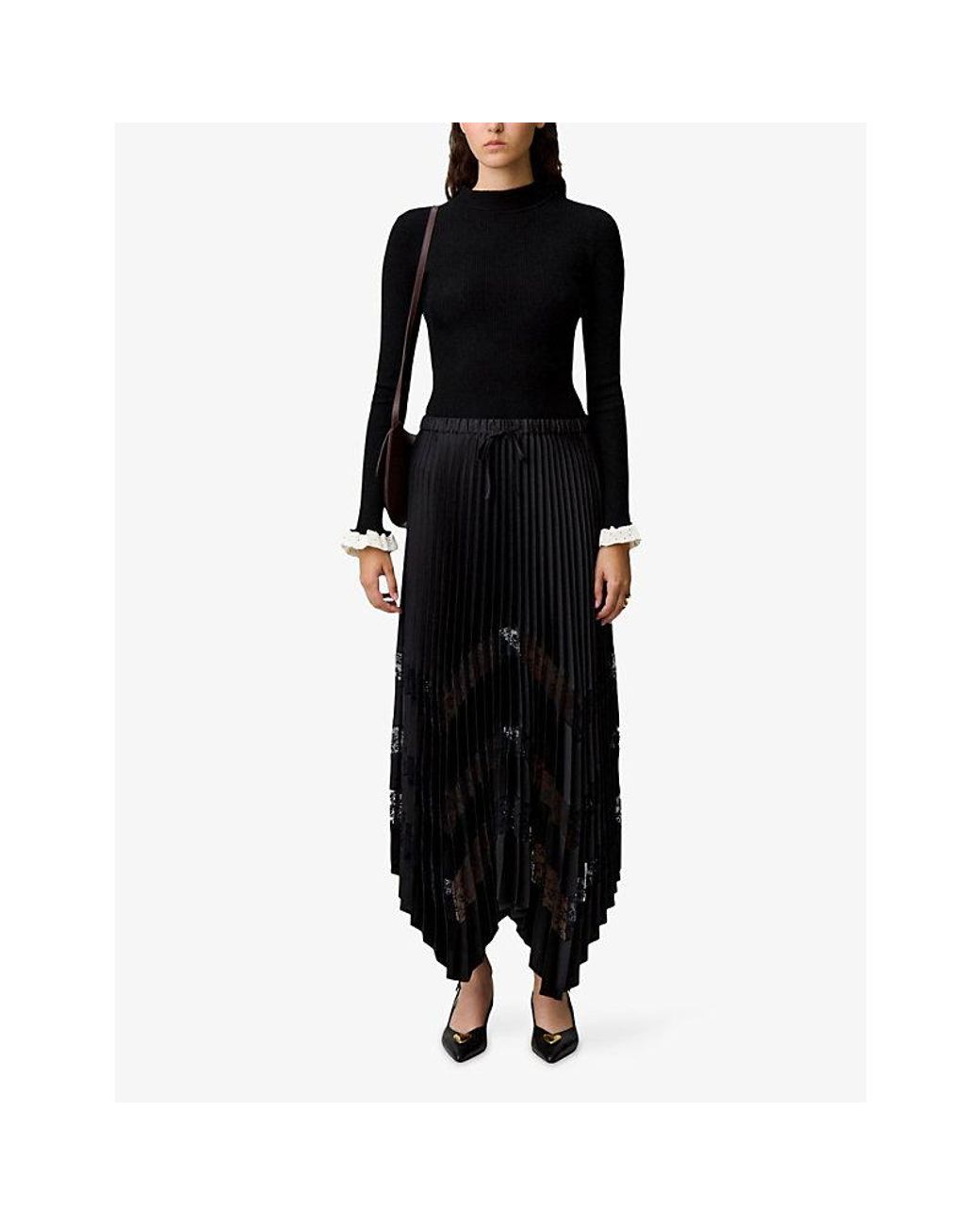 Claudie Pierlot Black Pleated Lace-Embroidered Satin Midi Skirt