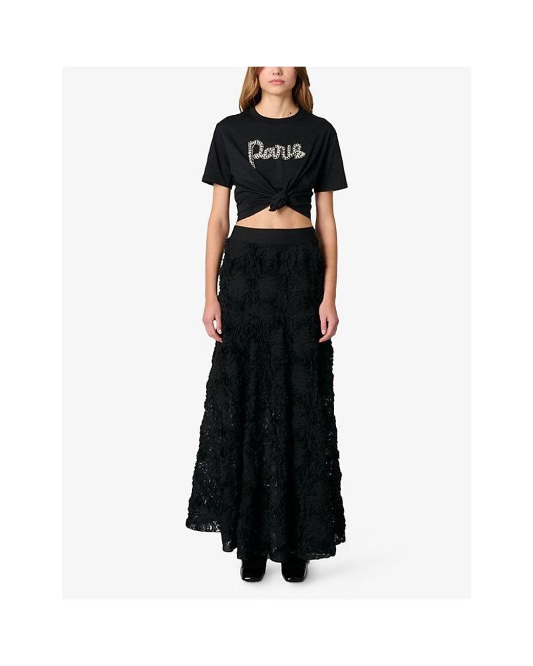 Maje Black Floral-Appliqué Elasticated-Waist Woven Maxi Skirt