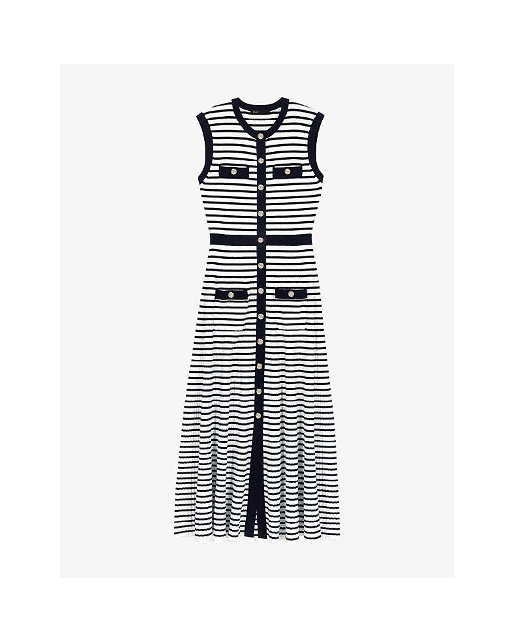 Maje Blue Breton-Stripe Sleeveless Cotton-Blend Maxi Dress