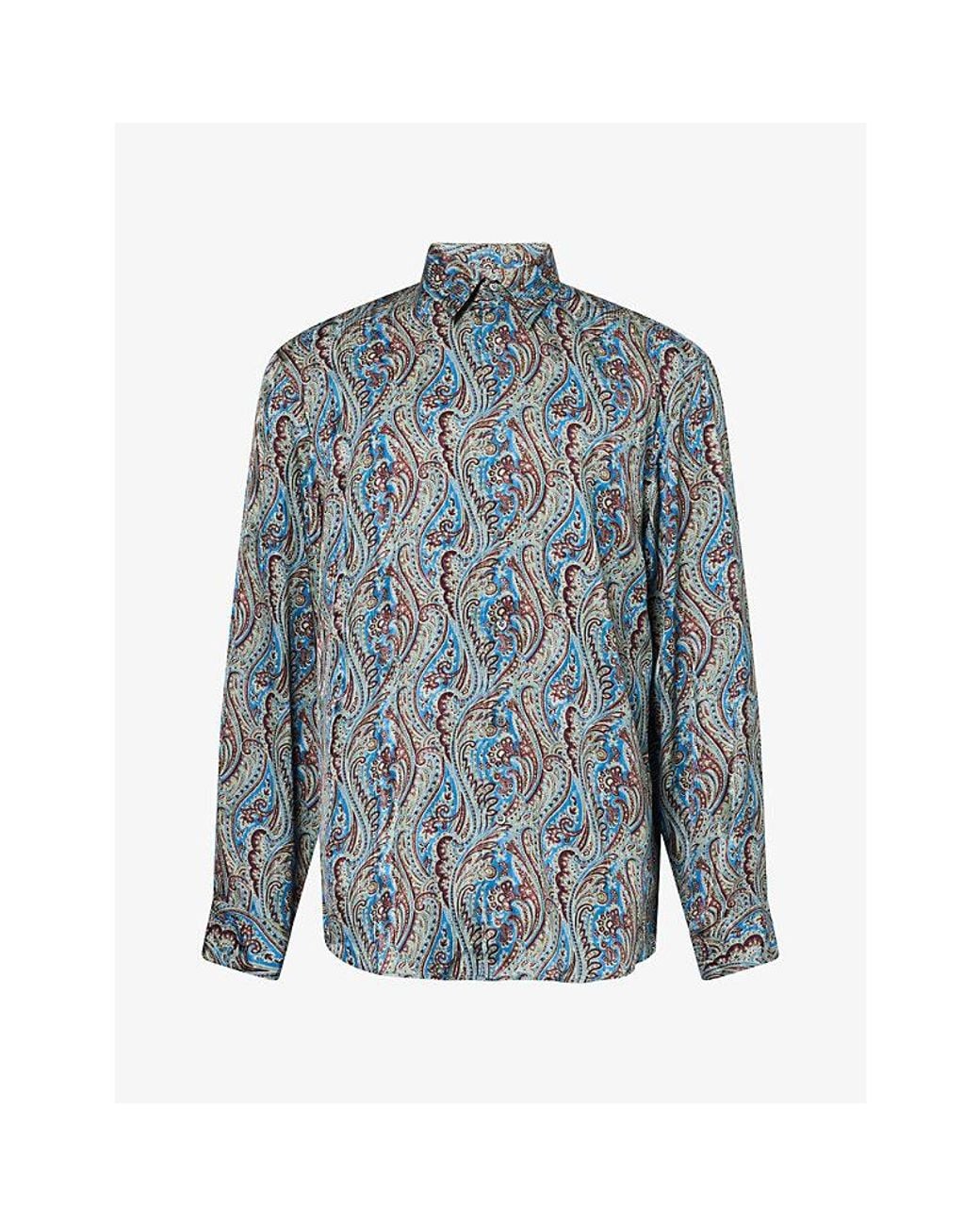 Dries Van Noten Blue Caper Paisley Long-Sleeve Satin Shirt for men