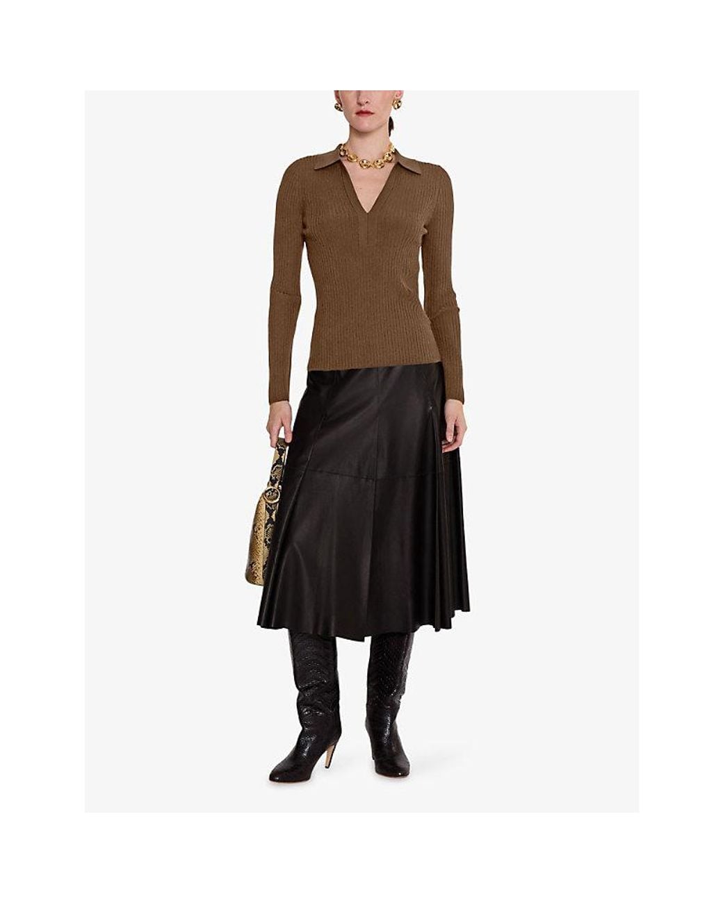 Joseph Green Collared Rib Merino-Wool Blend Polo Top