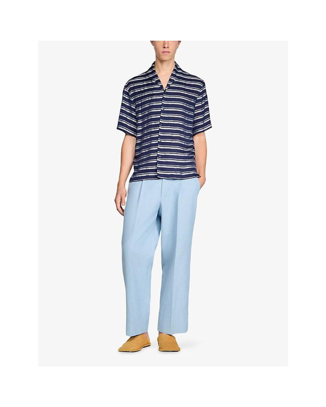 Sandro Blue Striped Boat-Neck Relaxed Woven Shirt for men