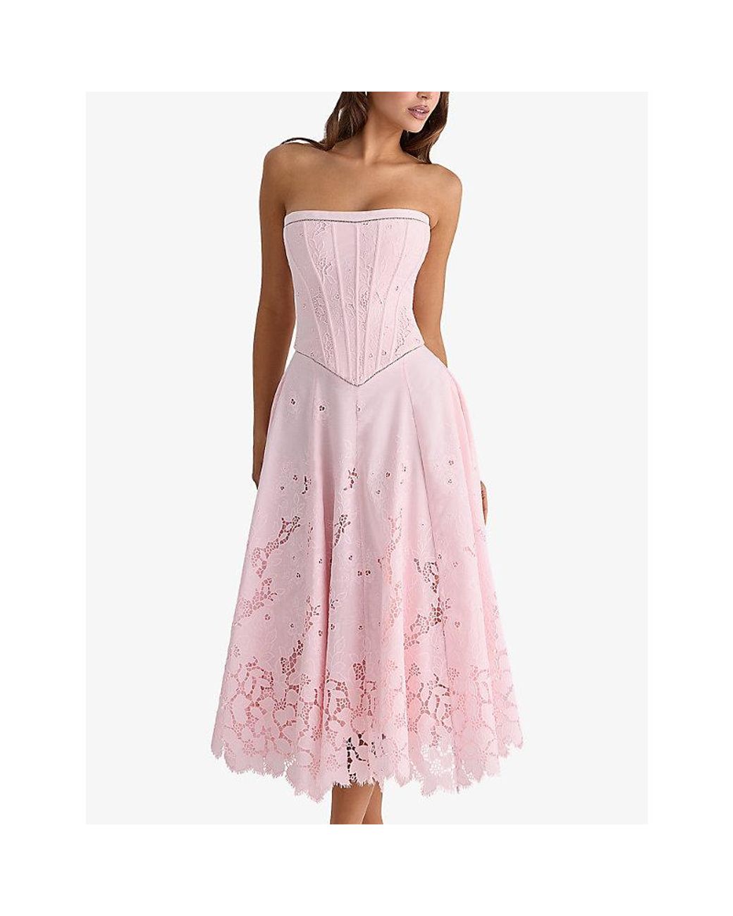 House Of Cb Pink Belissa Strapless Broderie Woven Midi Dress Xs (A-C Cup)
