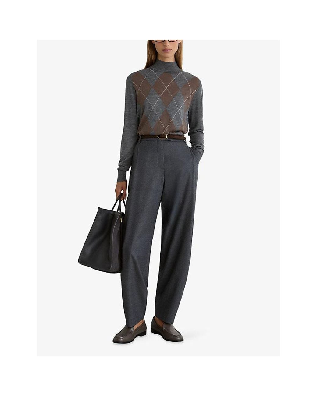 Reiss Gray Sage Argyle Funnel-Neck Wool Jumper