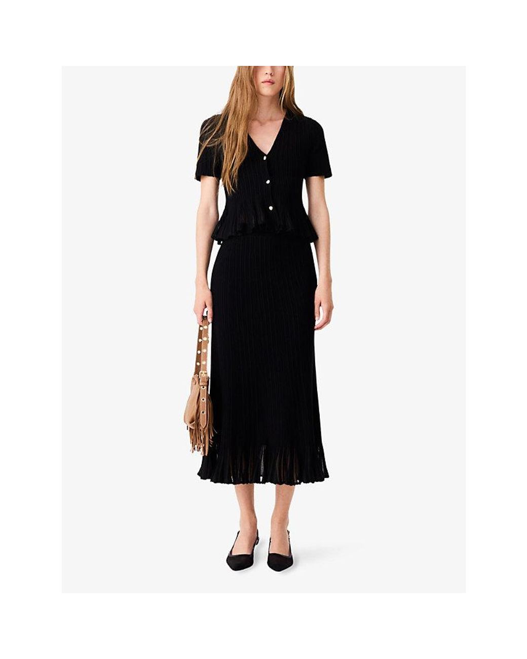 Maje Black Pleated Peplum-Hem Knitted Midi Skirt