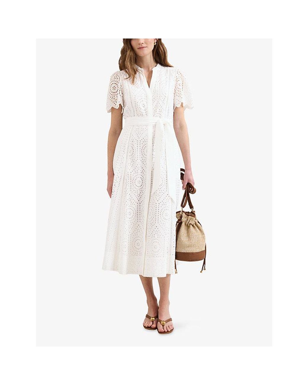 Phase Eight White Aletta Belted-Waist Cotton Midi Dress