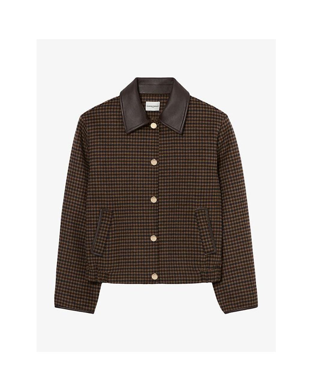 Claudie Pierlot Brown Leather-Collar Checked Wool-Blend Jacket