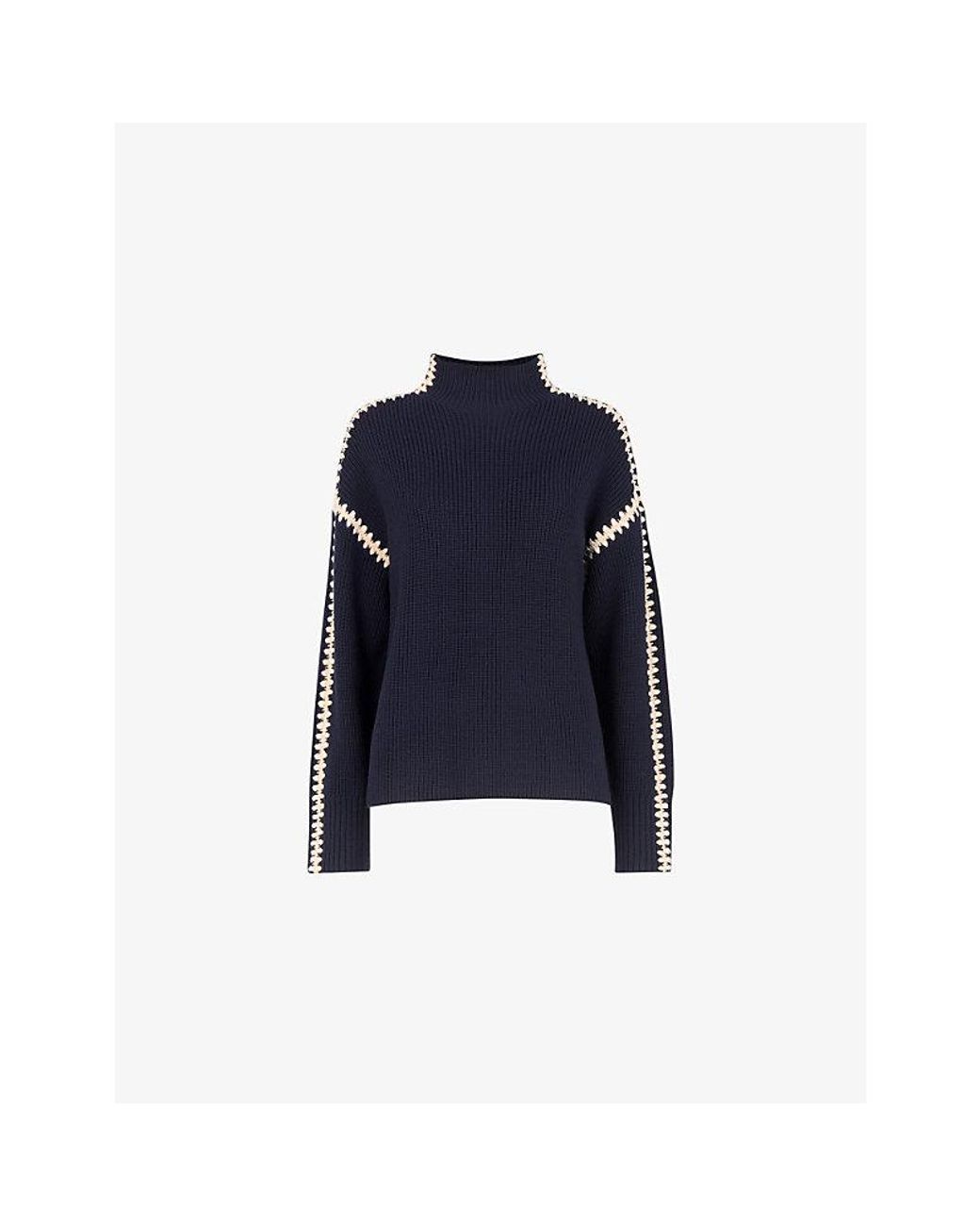 Whistles Blue Blanket-Stitch Wool-Blend Jumper