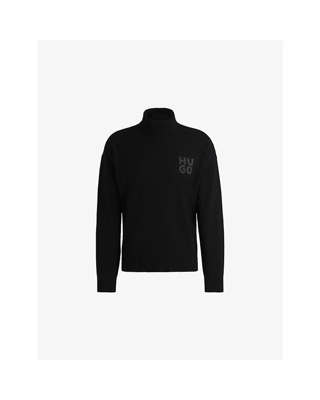 HUGO Black Logo-Print Roll-Neck Relaxed-Fit Wool-Blend Jumper for men