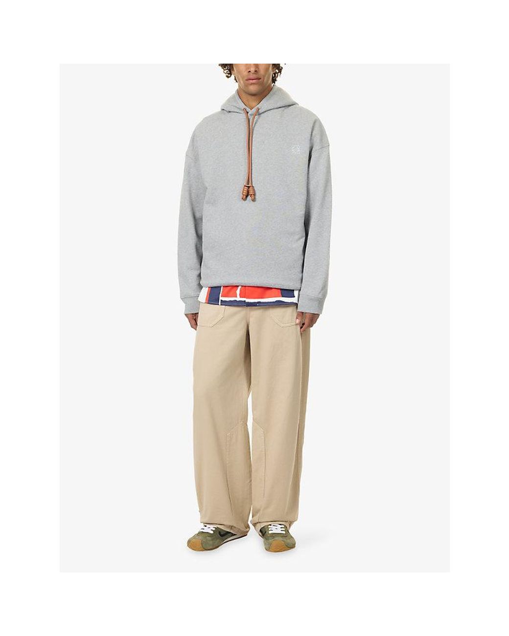 Loewe Gray Leather-Drawstring Logo-Embroidered Cotton Hoody for men