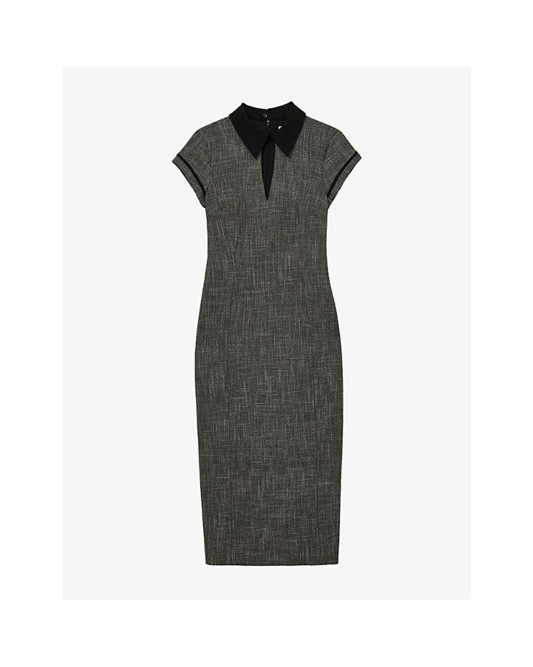 Reiss Black Ava Tailored Contrast-Collar Stretch-Woven Midi Dress