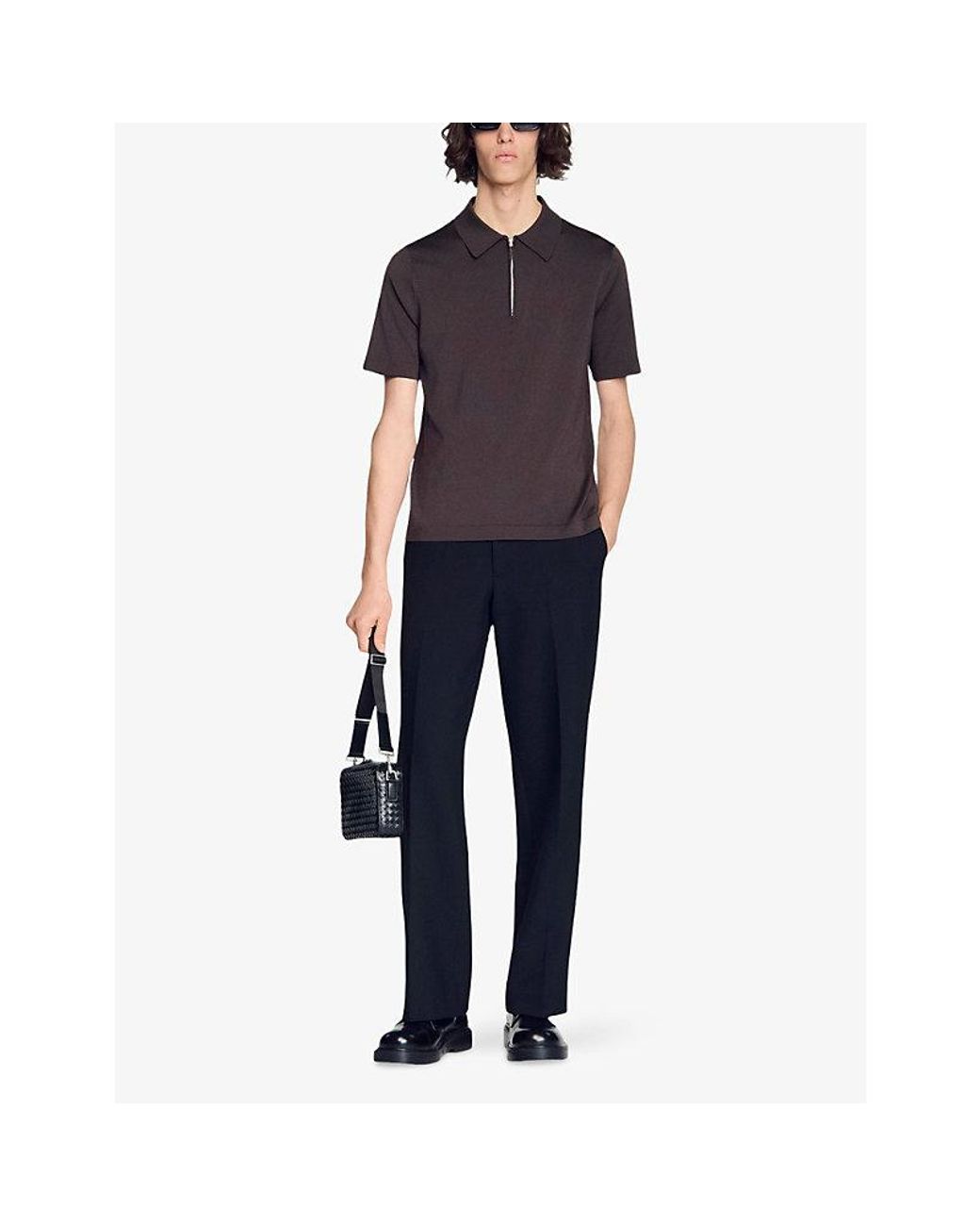 Sandro Brown Zipped Stretch-Woven Polo Shirt for men