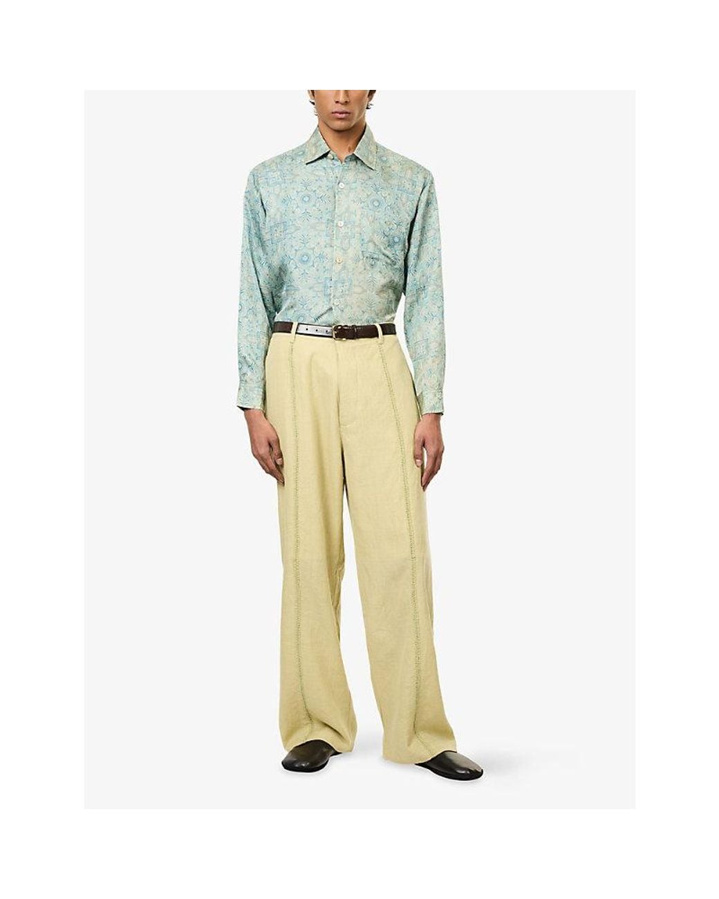 Kartik Research Blue Block-Print Patch-Pocket Silk Shirt for men