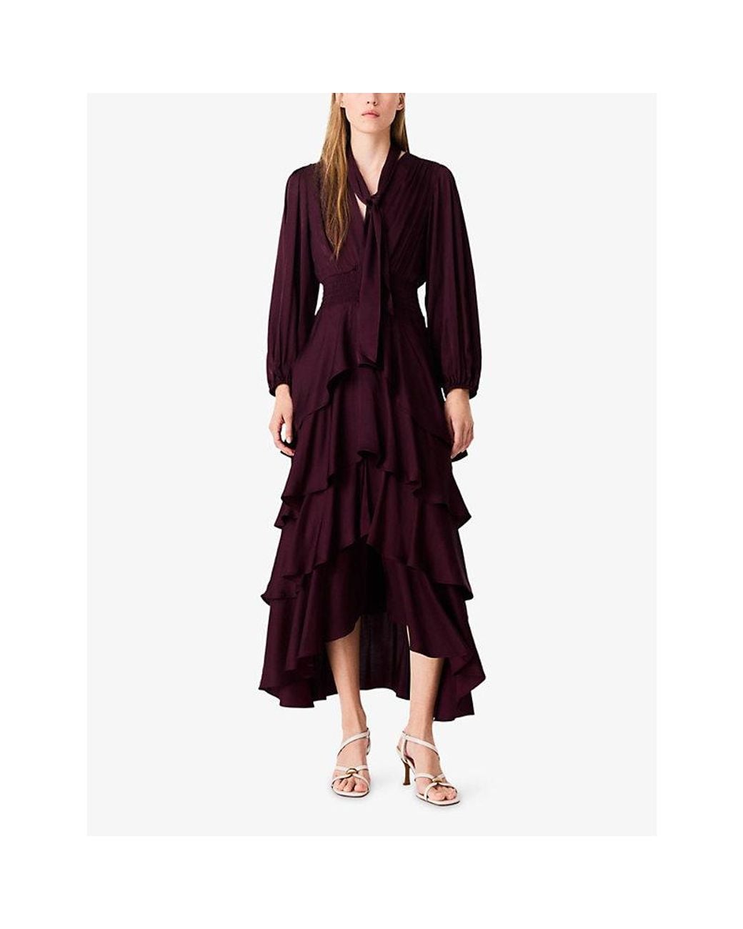 Maje Purple Ruffled Tie-Neck Woven Maxi Dress