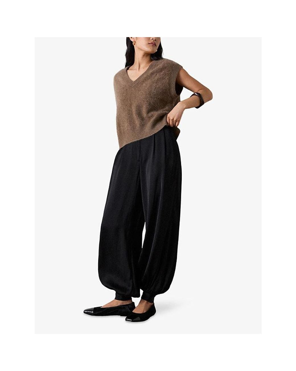 Whistles Black Balloon-Leg High-Rise Satin Trousers
